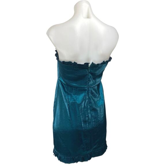 About Us Blue Silk Satin Sleeveless Strapless Ruffle Tube Bandeau Mini Dress M - Picture 2 of 4